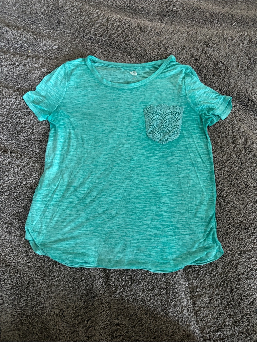 Short Sleeve Medium by SO Knit Top with Lace Pocket - Teal EUC, light weight